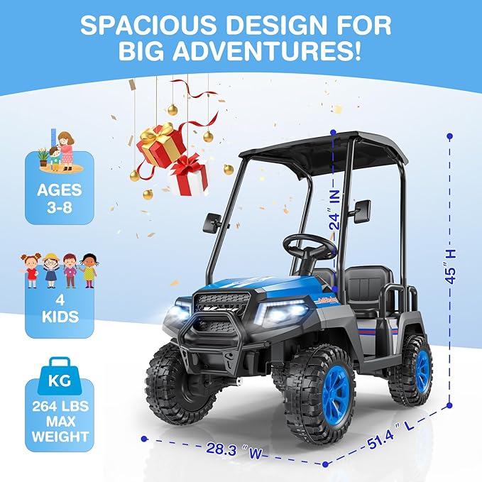 LIGIANT 24V Ride on Car for Big Kids, 4-Seaters Ride on Golf Cart, Max. Capacity: 264 Lbs(4 Kids), 4WD Kid's Car w/Remote Control, Detachable Awning, Spring Suspension, Music/Story/Power Display