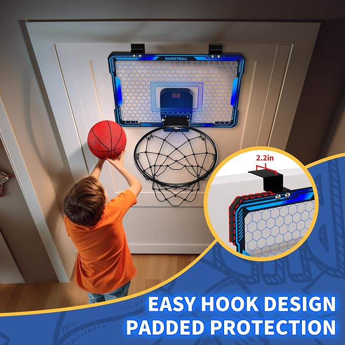 HYES Mini Basketball Hoop Indoor, Over The Door Basket Ball Hoop with 7 LED Lighting/Scoreboard/3 Modes/Foldable Rim, Wall Basketball Toy, Sport Decor Gifts for Kids Adult for Bedroom/Office (Blue)