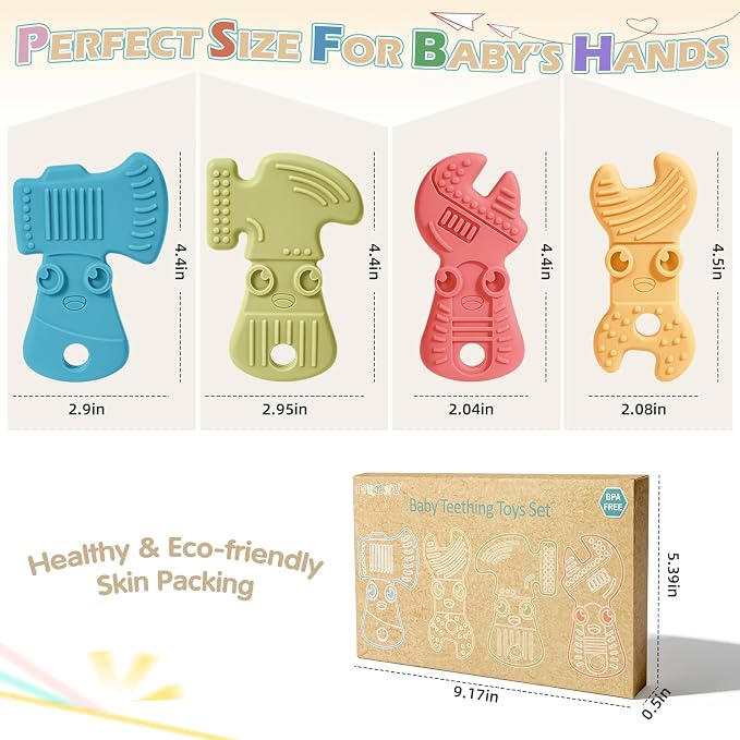 TYRY.HU Baby Teething Toys for Babies 0-6 Months 6-12 Months, BPA Free Silicone Baby Molar Teether Chew Toys, Hammer Wrench Spanner Pliers for Boys Girls, Soft-Textured, Easy to Hold & Clean, Cute