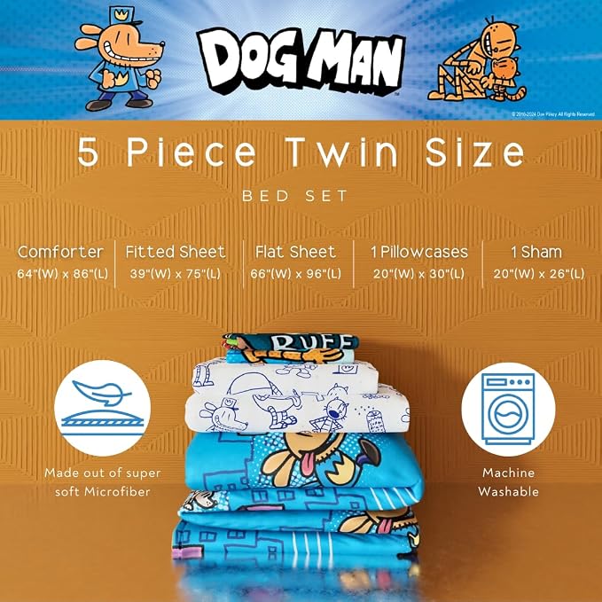 Franco Dog Man Supa Book Kids Bedding Super Soft & Cozy Reversible Microfiber Comforter and Sheet Set with Sham, 5 Piece Twin Size, (Officially Licensed Product)