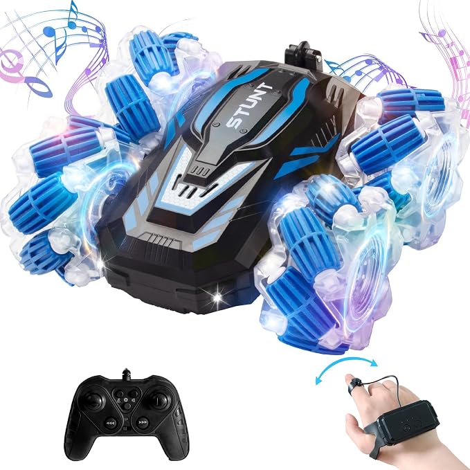 Remote Control Car, 4WD Gesture Sensing RC Stunt Car, Double Sided 360° flip, with Cool Lights and Music, Birthday Present Toys Car for Boys SND Girls Aged 5-12 (Blue)