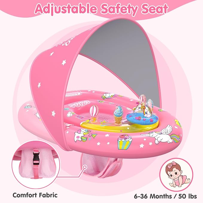EZIGO Baby Pool Float with Canopy UPF50+ Sun Protection, Inflatable Kids Pool Floats with Ocean Animal Toys for Baby 6-36 Months, Infant Swimming Float with Adjustable Safety Seat for Boys Girls