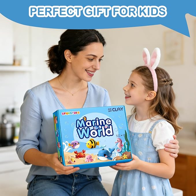 Air Dry Clay Kit - 12 Marine Animal Modeling Clay for Kids, Complete DIY Clay Craft Set with Sculpting Tools & Step-by-Step Tutorials, Ultra Soft & Non-Sticky Clay, Children's Day Gift Ideas
