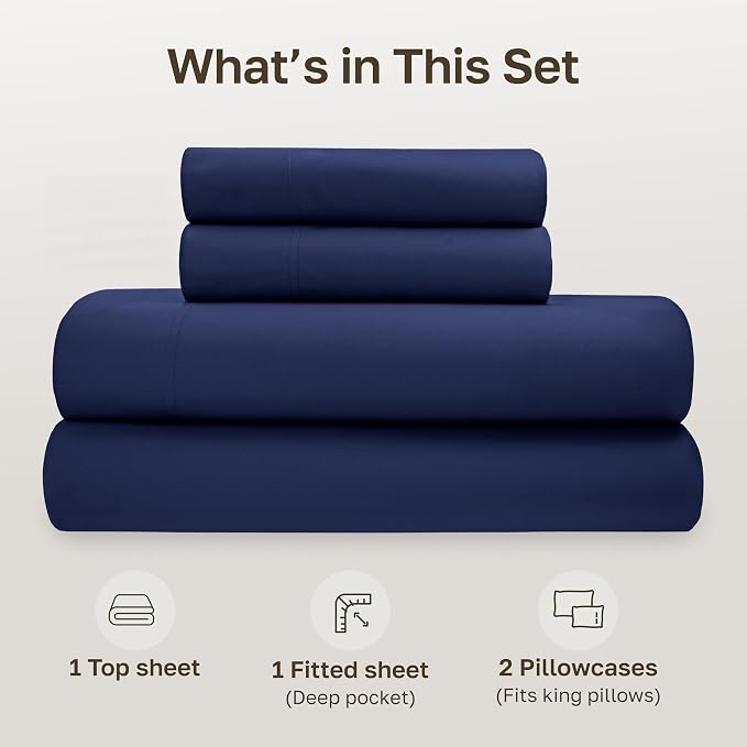 California Design Den King Size Sheets Deep Pocket Set - Soft 100% Organic Cotton Sheets, Crisp Percale, Breathable and Durable Bedding Set - Navy Blue