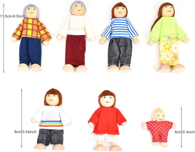 Jzszera Wooden Doll House People of 7 Miniature Figures and 2 Pets, Dollhouse Dolls Family Set Accessories for Girls Toddler Kids Pretend Play and Imaginative Fun