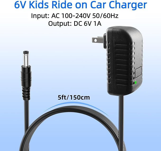 6V Battery Charger for Ride On Car Toys, 6 Volt Universal Ride On Car Charger for Mercedes-Benz, Ferrari, Dynacraft, Lamborghini, Flybar Bumper Car, Monster Jam Kids Riding Toy