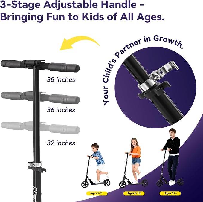 Nattork Kick Scooter for Age 6+ Kids Teens Adults, Max Load 240 LBS, Adjustable Height Foldable with 8" Large Wheels, Anti-Shock Suspension
