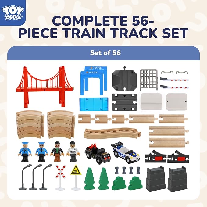 TOY Life Wooden Train Set for Toddlers 2-4, 56PCS Police Station Train Toys with Wooden Train Track Set, Magnetic Police Car Set, Toys for 3 4 5 6 Year Old Boys Kids, Compatible with Major Brand