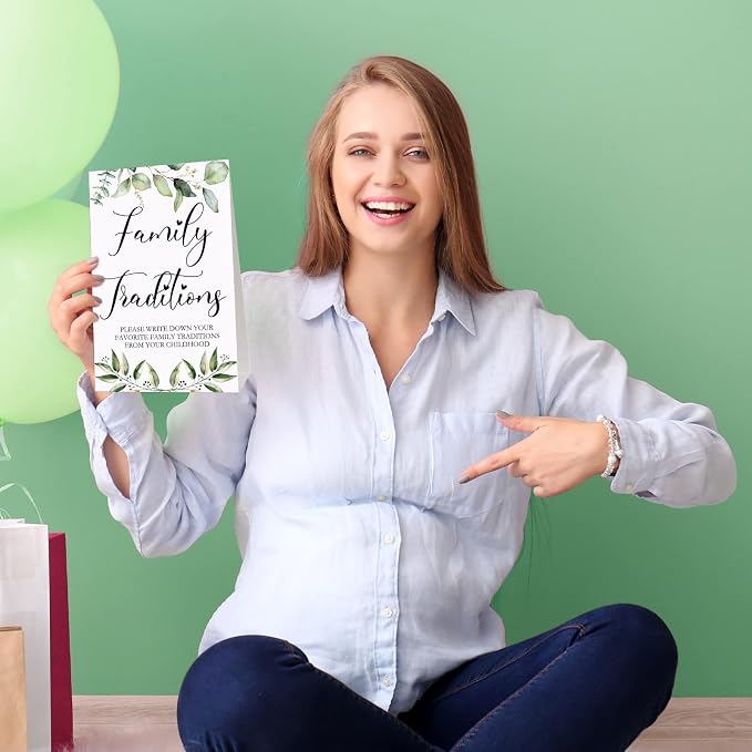 Fumete 61 Pieces Family Tradition Baby Shower Games Include 1 Family Traditions Standing Sign and 50 Activities Cards with 10 Pencils for Gender Reveal Bridal Shower Wedding(Green,Greenery)