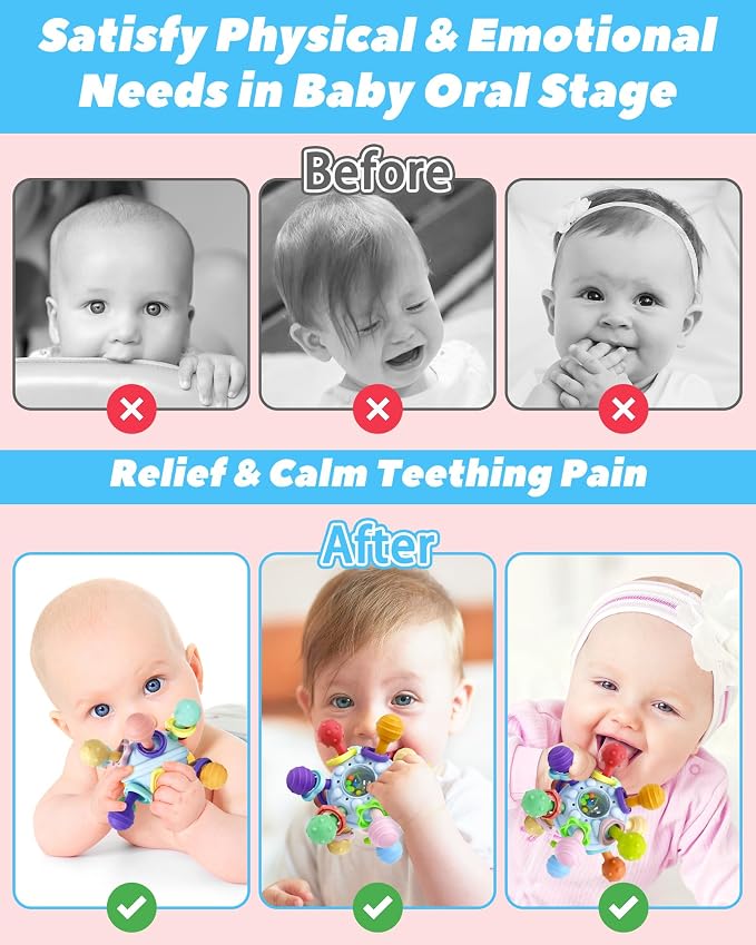 Baby Teething Toys Teethers for Babies 0-6 Months Infant Baby Girl Toys Gifts for 0 3 6 9 12 Months, Newborn Rattles Chew Toys Sensory Learning Montessori Toys for Babies 6-12 Months -Blue