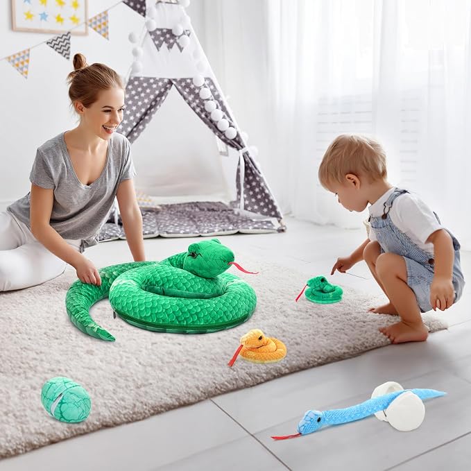 MorisMos Giant Snake Stuffed Animal Mommy with Babies & Eggs,Realistic Stuffed Snake Plush Toys for Kid Girl Boy 3 5 7 8 12,Long Green Boa Constrictor Anaconda Toys,Python Gift for Halloween Christmas