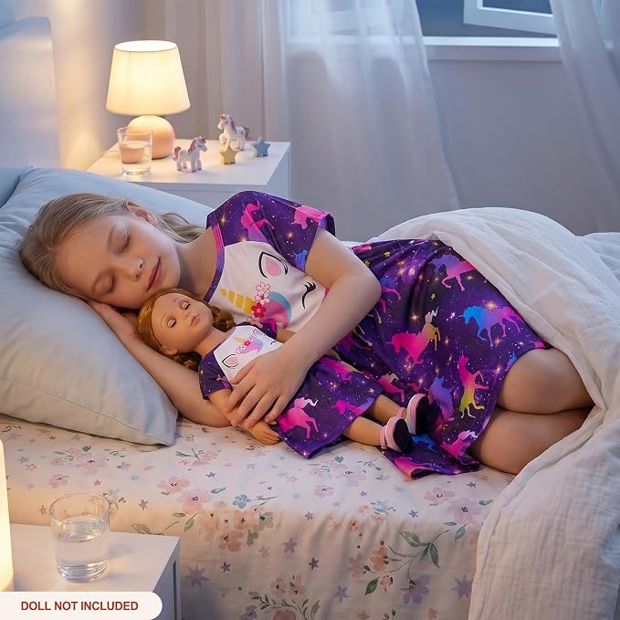 Play Tailor Doll and Girl Matching Nightgown Unicorn Outfit Pajamas Night Dress for Girls and 18" Dolls Clothes