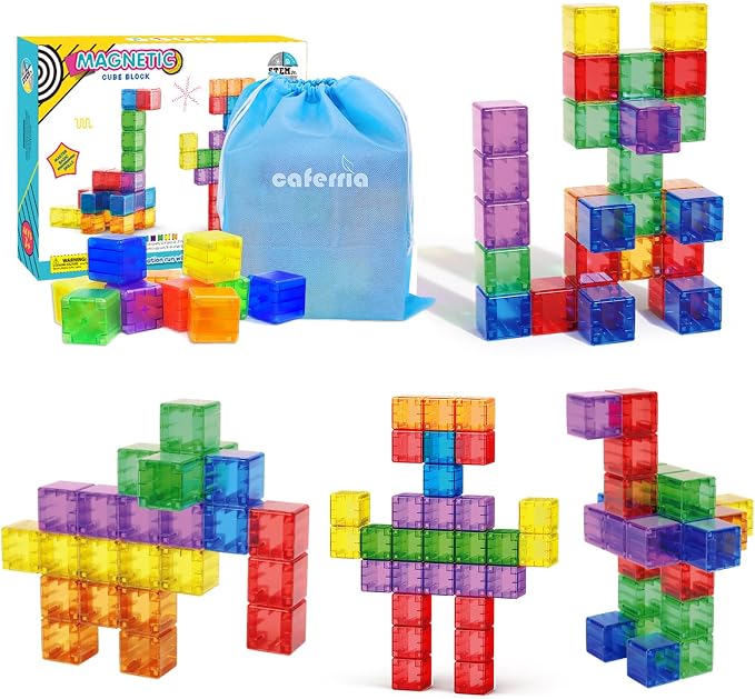 Caferria 1.4 inch Large Magnetic Blocks for Kids, 30pcs Magnet Building Blocks, Preschool STEM Sensory Montessori Stacking Cubes Educational Building Toys for 3 4 5 6 7 8 Year Old Boys Girls