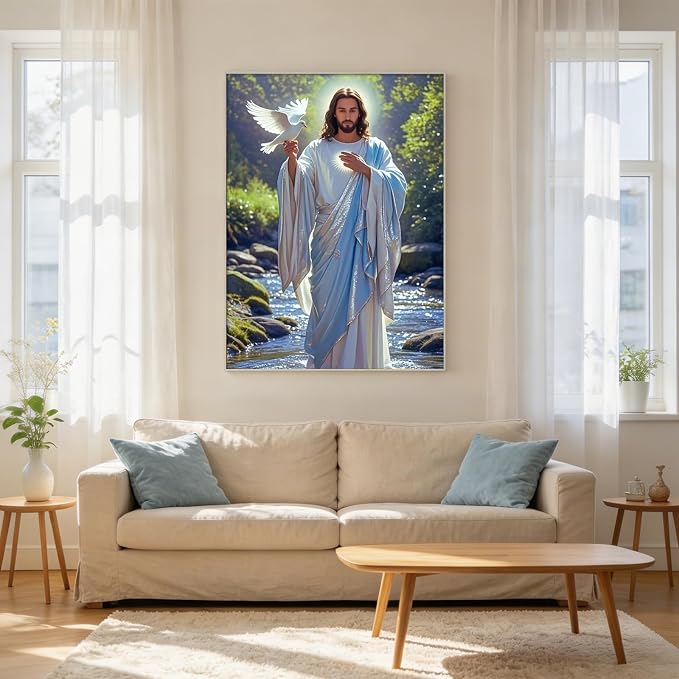 CHWGLFGG Jesus White Dove Diamond Painting Kit for Adults, Religious 5D Full Round Drill Diamond Art Beginners Canvas for Home Wall Decor, DIY Paint by Diamonds Dot Gem Craft12x16 Inch
