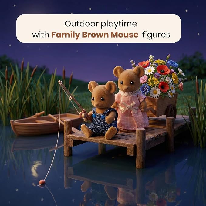 Family Brown Mouse Figures — Set of 2 Collectible Flocked Mini Dolls with Removable Clothes, Dollhouse Pretend Play Set for Kids Ages 3+