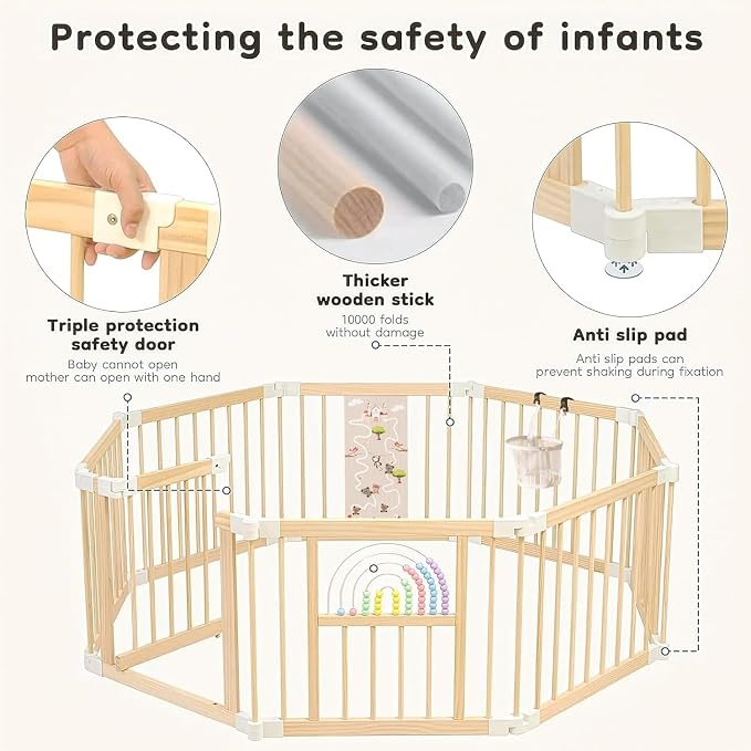 Ulnxiy Wooden Baby Playpen with Montessori Toys, 8-Panel Foldable Wood Play Yard for Toddlers, 56"x56" Large Baby Fence with Safety Lock, CPC Certified Natural Pine Wood Activity Center