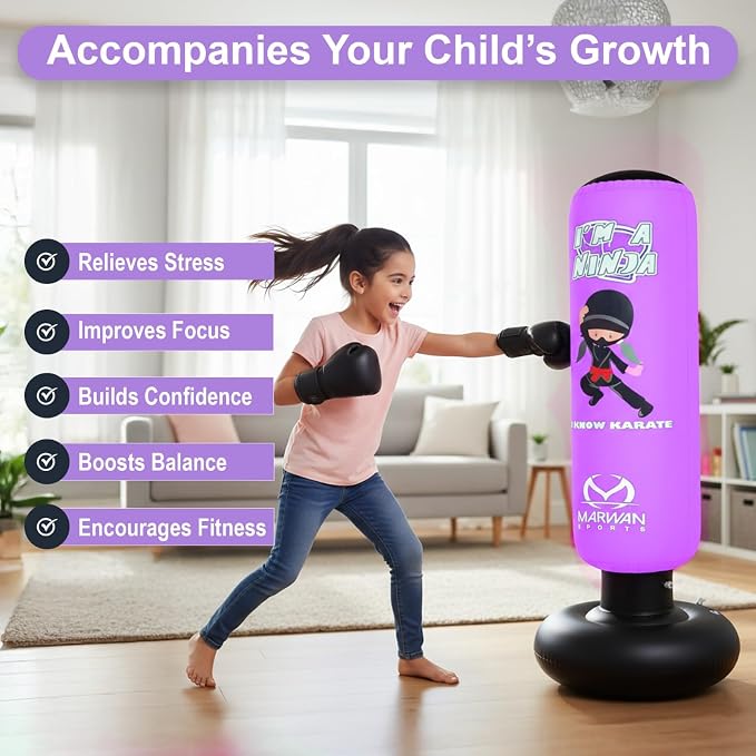 Marwan Sports Ninja Kids Punching Bag — Inflatable Sensory Toy & Birthday Gift for Boys & Girls Ages 4-12, 63" Freestanding 5-in-1 Kit, Indoor Apartment-Quiet Sensory-Friendly Active Play