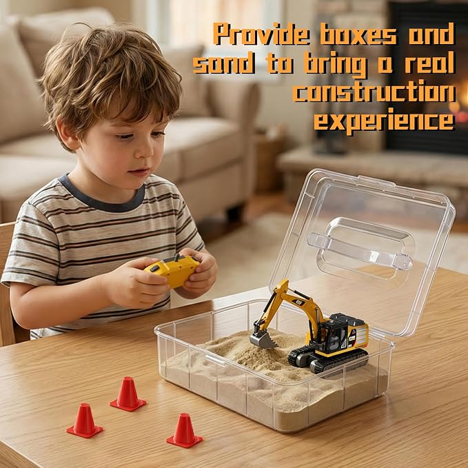 1/64 MINI RC Excavator with Play Sand Box Set,Portable Indoor & Outdoor Construction Truck，Desktop Toy with Lights & Sounds,Gift for Boys Kids 6+ & Adults