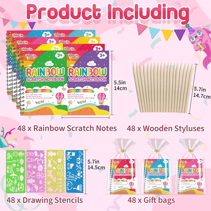Scratch Paper Art Party Favors for Kids: 48 Pack Rainbow Scratch Notebook, Goodie Bags Stuffers Coloring Books Party Favors for Kids 3-12, Bulk Classroom Birthday Gifts for Student