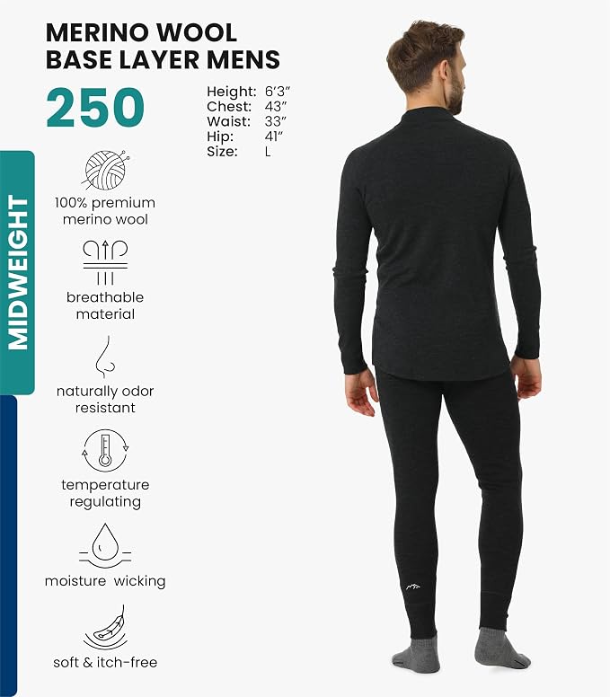 Merino.tech Merino Wool Base Layer Mens Set - Heavyweight, Midweight, Lite Merino Wool Thermal Underwear For Men Top, Bottom
