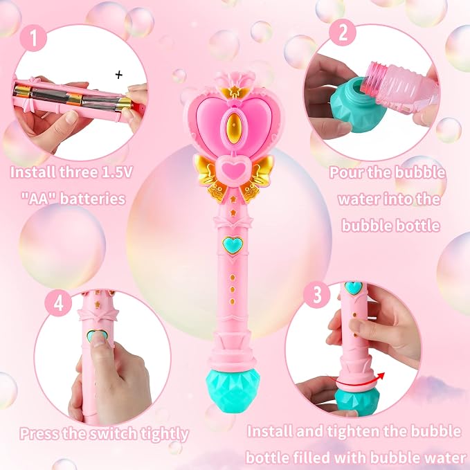 Bubble Wand for Kids Princess Heart Bubble Machine Blower Maker Wand with Light Easter Christmas Basket Stocking Stuffers Outdoor Toys Gifts for 3 4 5 6 7 8 Years Old Toddlers Little Girls