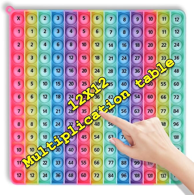 Rainbow Multiplication Table pop Fidget Toys Educational Math Learning Board Game, 12x12 Times Tables Practice, Colorful Silicone Push Bubble Sensory Toy (12 X12 Makar Multiplication Table)