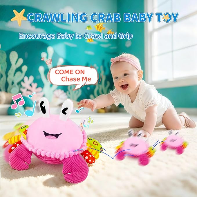 Baby Toys 6-12-18 Months, Pink Crawling Crab Tummy Time Toy, Rechargeable Musical Plush Toy with 50 Songs & Voice Recorder, Dancing Bouncing Interactive Baby Girl Sensory Toddler Toys 1 Year Old Gift