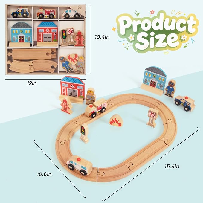 Wooden Train Set for Toddler, Wooden Tracks fits Thomas, fits Brio, fits Chuggington, fits Melissa and Doug - Expandable, Changeable Train Toy for 3 4 5 Years Old Girls & Boys (Police)