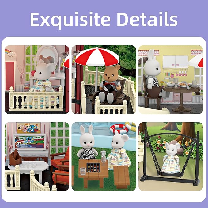 Dollhouse Kit Playset Little Critters Bunny Dolls for Girls with Swimming Pool and Slideside Family Toys for Toddler 5 Year+ Old Girl