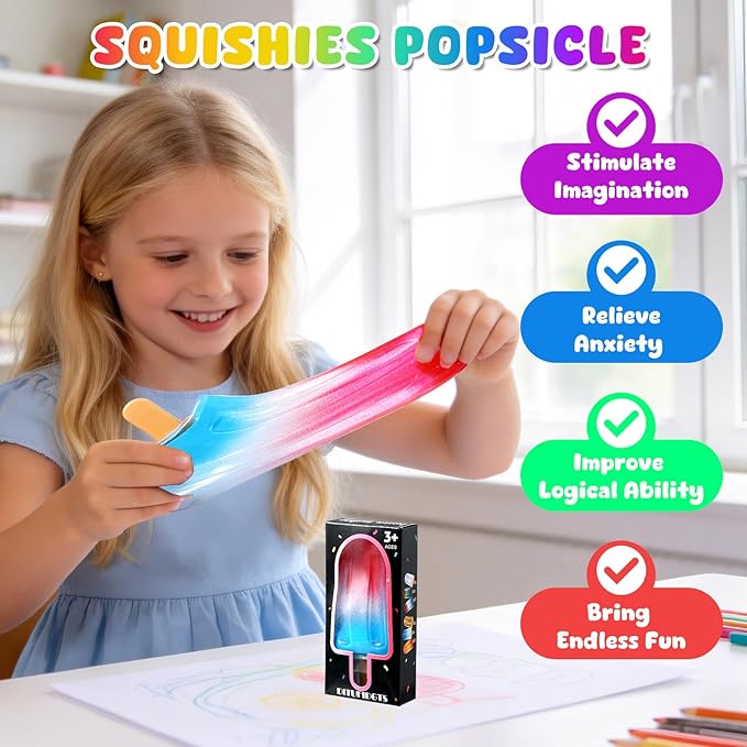 Malt Sugar Popsicle Squishy, Ice Cream Squishies Slow Rising Sensory Fidget Travel Toys for Adults, Kids, and Teens – Summer Classroom Prize (Red White Blue)