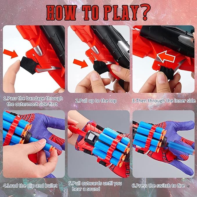 Red Style Spider Web & Soft Missile Launcher Toy 2 Pcs Set, Superhero Fans Webs Shooter for Kids, Cosplay Launcher Gloves with Wrist Toy Set, Christmas Halloween Birthday Party