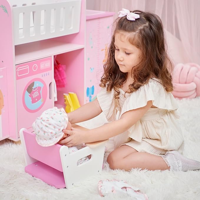 Olivia's Little World Amanda 6-in-1 Wooden Doll Nursery Station, Pink/Multi | Rocking Cradle, High Chair, Storage, Washing Machine and Sink, For 3 yrs and up