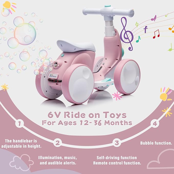 JoyRydz 6V Electric Baby Balance Bike with Bubble Machine,4 in 1 Toddler Balance Bike w/Remote Control for 1 Year Old Boys Girls Kids Bubble Bike Ride on Toys w/Powered Motor,Music,LED Lights (Pink)