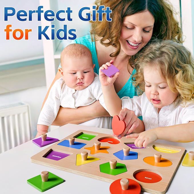 Wooden Shape Peg Puzzles for Toddlers 1 2 3 Year Old Boys Girls Gifts: Shape Sorter & Color Match Baby Puzzles 12-18-24 Months - Montessori Toys for 1 2 3 Year Old Toddler Learning Activities