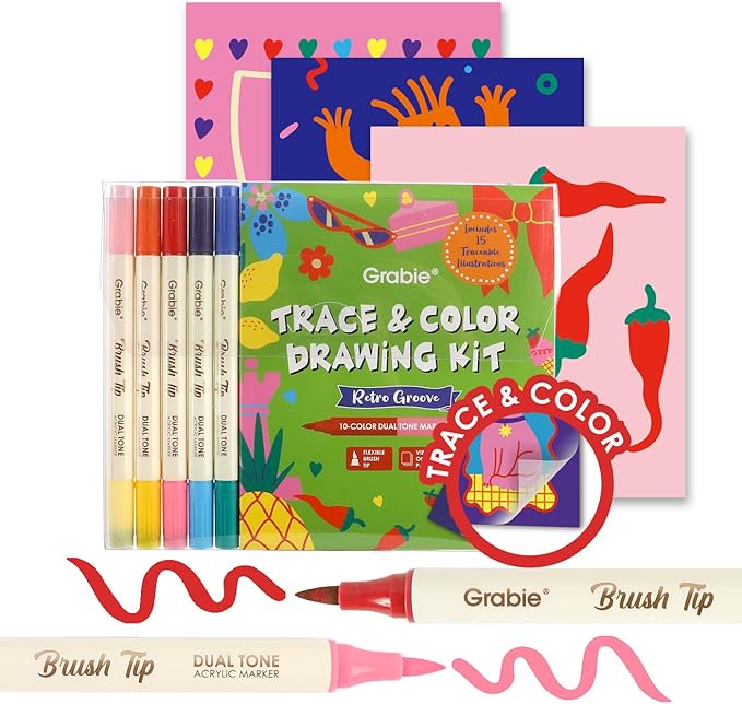 Grabie Trace and Color Drawing Kit, Beginner Friendly All-in-One Tracing Art Set with Acrylic Dual Tip Markers, 15 Pre-Printed Designs, Vellum Paper, Creative Hobby Kit, Artist Collaboration Yeti