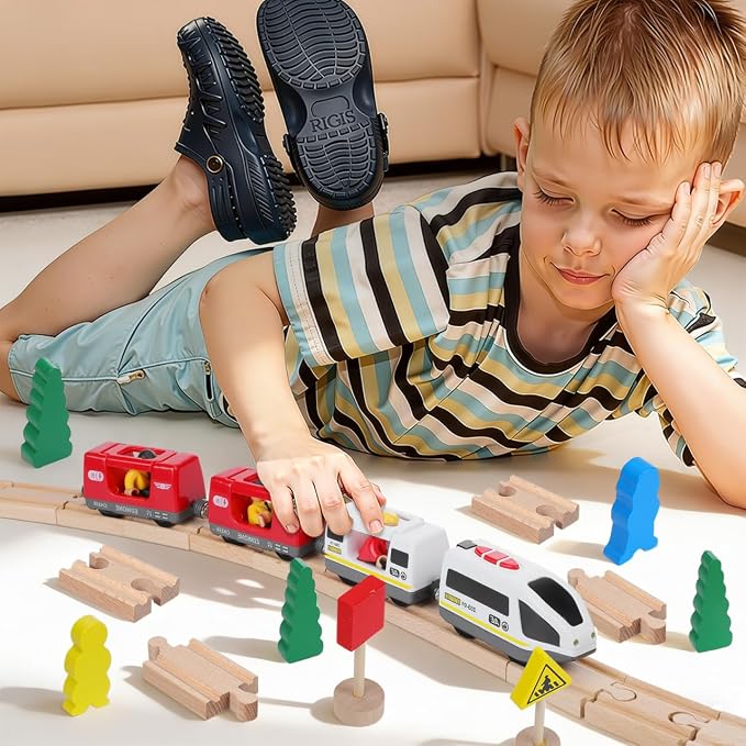 SEWACC 18Pcs Wooden Train Track Accessories Set Compatible with Major Toy Train Brands Includes Straight and Curved Tracks for Kids Ages 3 Enhances Creativity and Motor Skills