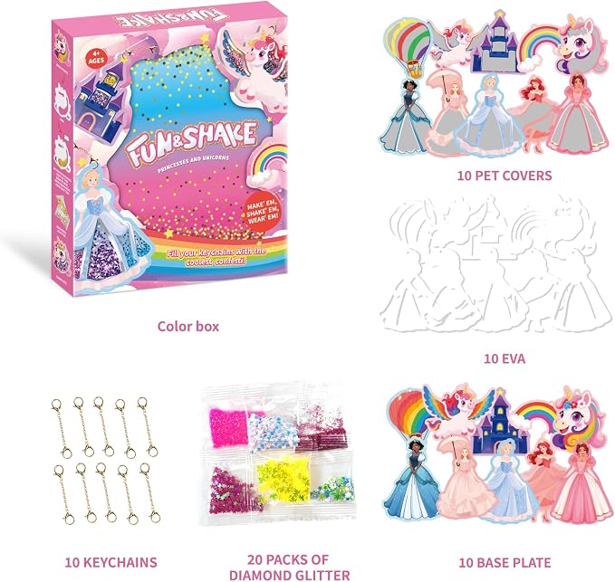 MZYTOZA Fun & Shake DIY Glitter Craft Kit with Keychains for Kids,Unicorns and Princesses Art & Craft Activity,Creative Travel Toy, Party Favors & Valentine's Gift for Ages 4-9