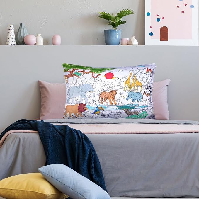 Mindsoft Coloring Pillowcase with 12 Pcs Markers Color Your Own Pillowcase Kit for Coloring Craft Decoration Supplies, 28.7 x 19.7 Inch(Wild Animals)