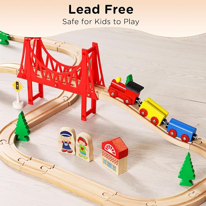 SainSmart Jr. Wooden Train Set for Toddler - Double-Side Wooden Tracks Fits Brio, Thomas, Melissa and Doug - Expandable, Changeable-Kids Wood Toy Train for 3,4,5 Year Old Boys and Girls