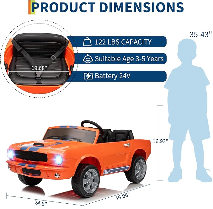 Garvee 24V 2 Seater Ride on Licensed Shelby GT350, Battery Powered Ride on Toys for Kids with Remote Control, Ford Shelby Kids Electric Vehicle 2 Seat, Safety Belt, 2 Speeds, LED Lights, Orange