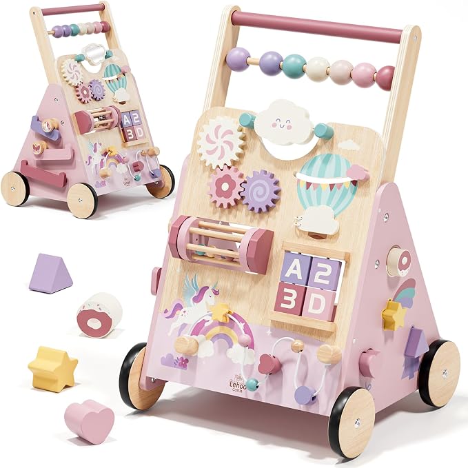 Lehoo Castle Unicorn Wooden Baby Walker, Adjustable Speed Baby Push Walker | Push Walker with 10-in-1 Activity Center, Montessori Walker Toy for 1 Year Old Girls Learning to Walk