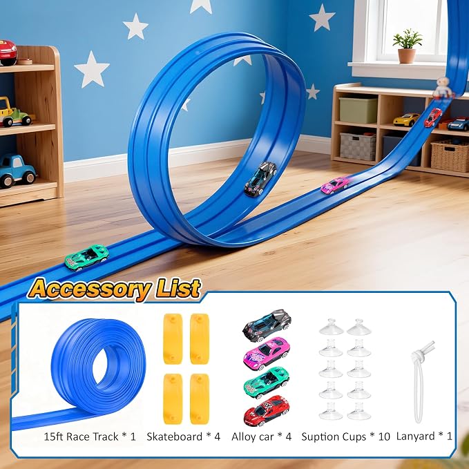 15Ft Flexible Race Car Track for Kids with Suction Cups Compatible with Diecast 1/64th Cars for Ages 3 & Up Blue Gray Orange Red Classic Long Rolls Up Portable Racetrack (Blue)