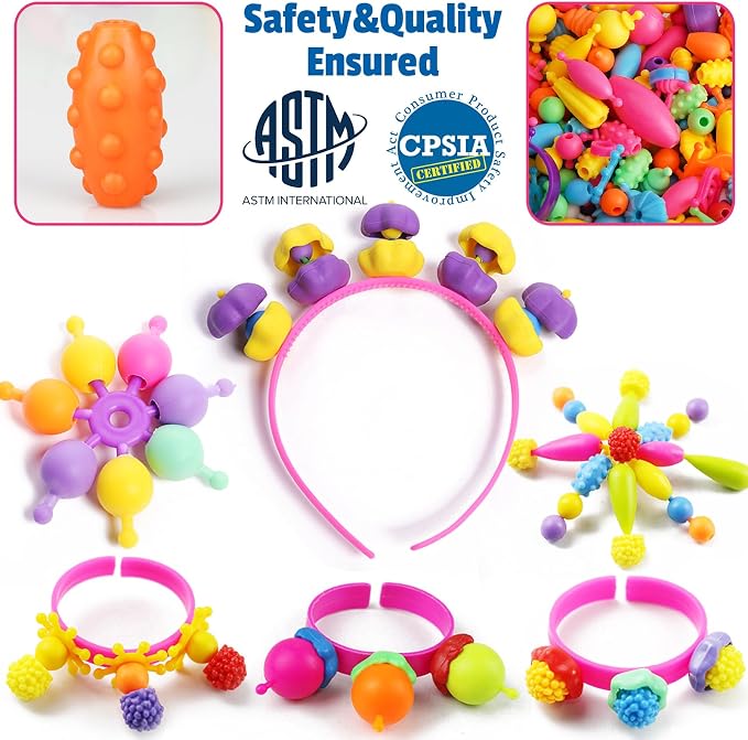 FUNZBO 520+ Snap Pop Beads - Jewelry Making Beads Charms Style Craft Kit, Arts and Crafts for Kids Ages 4-8, Toys for 3 4 5 6 7 Years Old Girls Birthday Gifts Ideas, Bracelet Necklace Ring for Girls