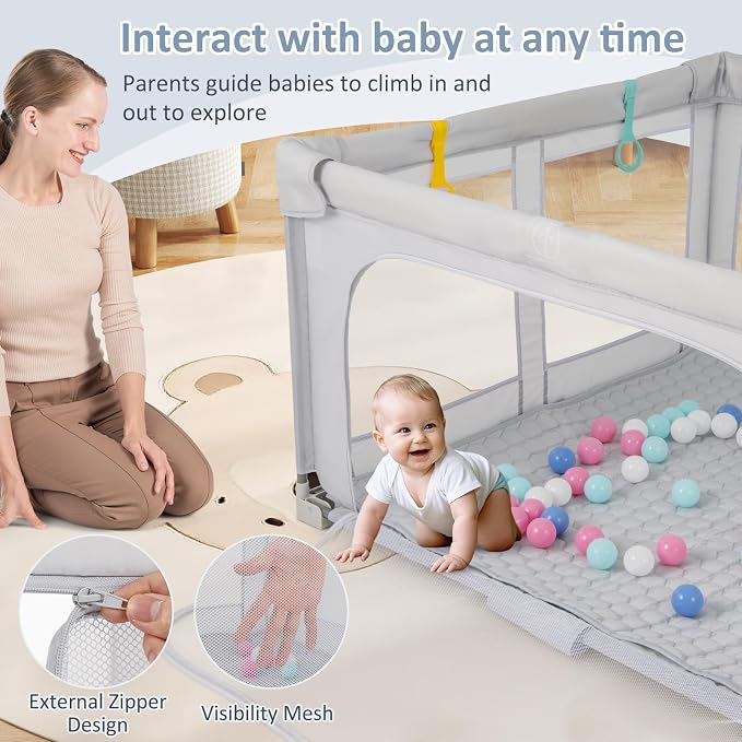 INFANS Foldable Baby Playpen with Mat, 59” x 59” Large Baby Play Yard for Infant with 50 Ocean Balls, 4 Handlers, Carry Bag, Indoor Outdoor Fence Toddler Activity Center (Gray, 59” x 59”)