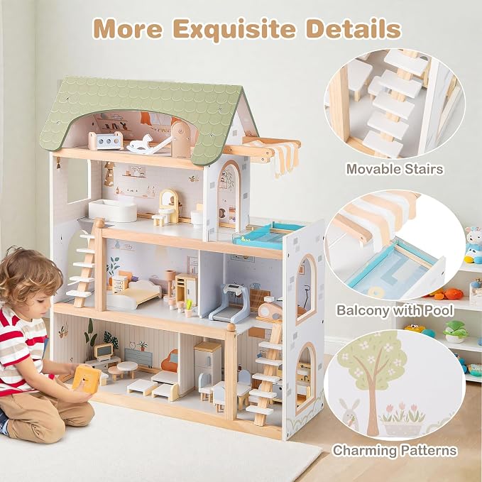 HONEY JOY Doll House, 4-Story Wooden Dollhouse Playset w/ 6 Rooms, 33 Accessories & Miniature Furniture, Pretend Play Toys Kit, 2.56 Feet Toddler Big Doll House, Gift for Kids Aged 3+
