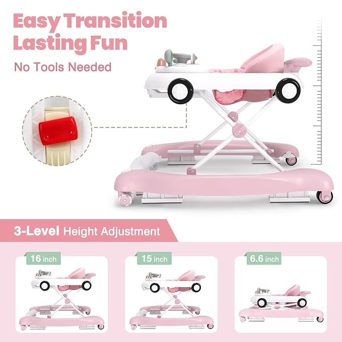 5-in-1 Convertible Baby Walker with Steering Wheel Music Activity Center – Infant Rocker, Jumper, Push Walker, Bouncer & Feeding Foldable Walker for Ages 6-18 Months Boys Girls (Pink)