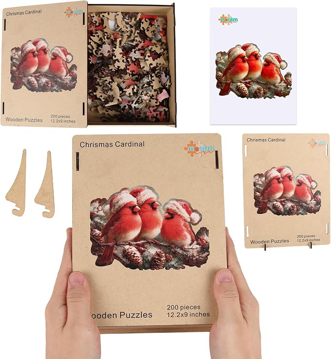 MEATRN Christmas Cardinal Wood Puzzles Adult – Three Baby Birds with Santa Hat, 480Pcs Wooden Jigsaw Puzzle for Festive Holiday Fun, Teens’s Party and Winter Activity 18.5"×13.5"