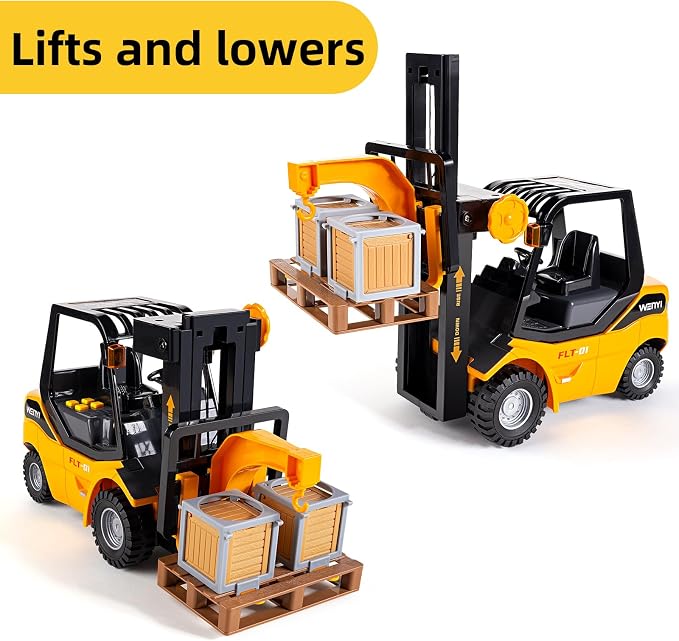 11.8 Inch Friction Powered Toy Forklift Truck with Lights & Sounds, 1/16 Scale Construction Vehicle with Pallet & 2 Cargo Boxes, Push Car for Toddlers Age 3, 4, 5 Boys Girls - Easter Gifts