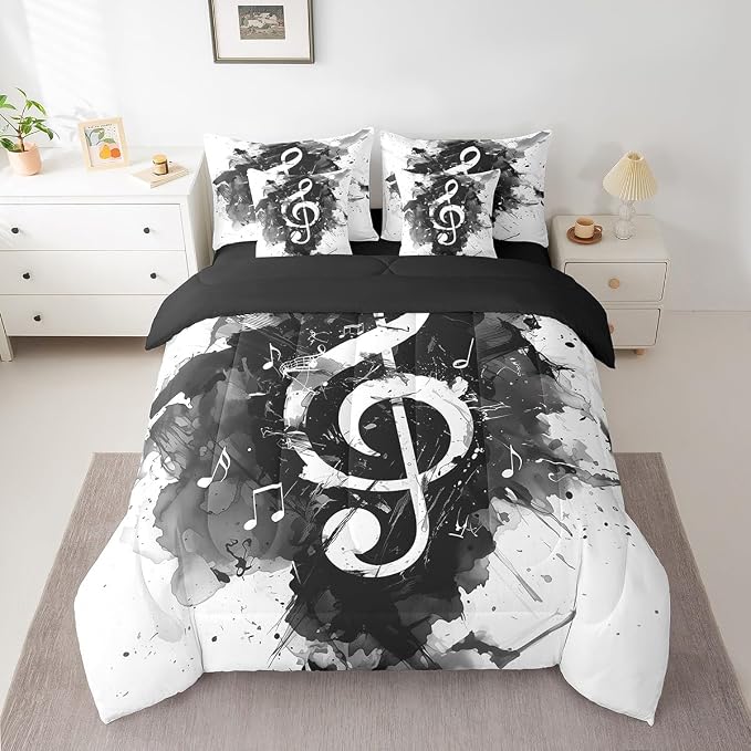 Feelyou Music Comforter Set with Sheets Queen Size Guitar Instruments Bed in a Bag for Boys Girls Teens Black White 7 Pieces Bedding Set Soft Lightweight Microfiber