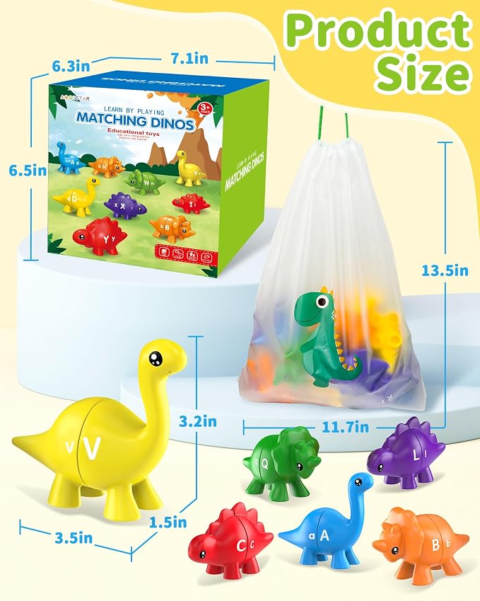 Walenty 26PCS Dinosaur Alphabet Learning Toys for Toddlers Kids 3-5, Montessori Educational Toys Gifts for 3 4 5 Year Old Boy Girl, Preschool Toddler Travel Activities, Double Sided ABC Matching Game